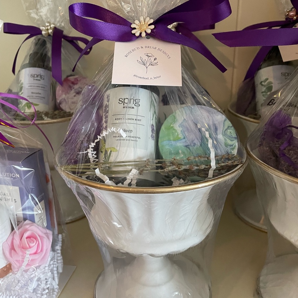 6. Lavender Bath Gift Set in white and gold pedestal vase.